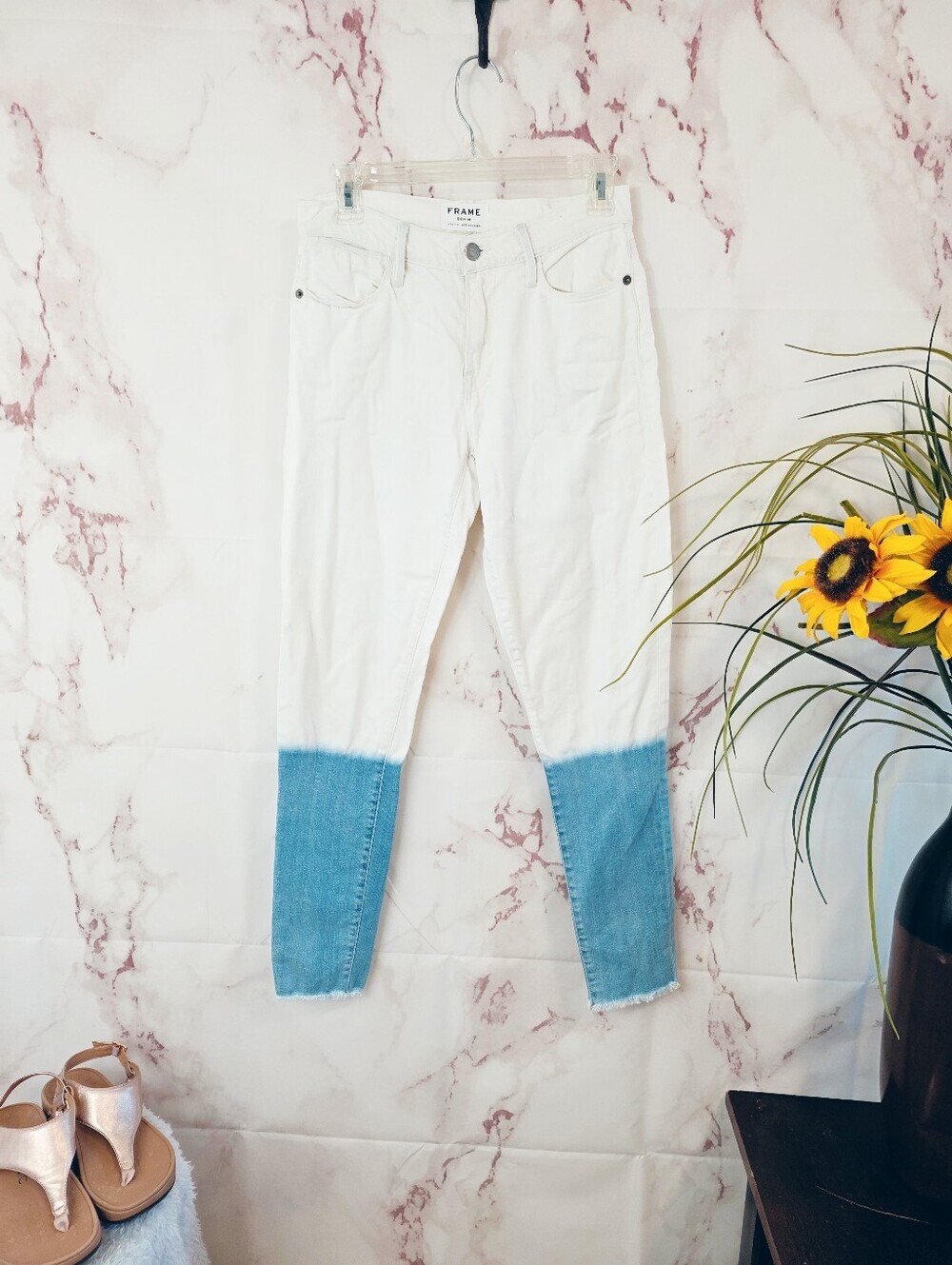 FRAME Denim White & Blue Dip Dye Cropped Skinny Jeans Size 24 - Picture 3 of 5
